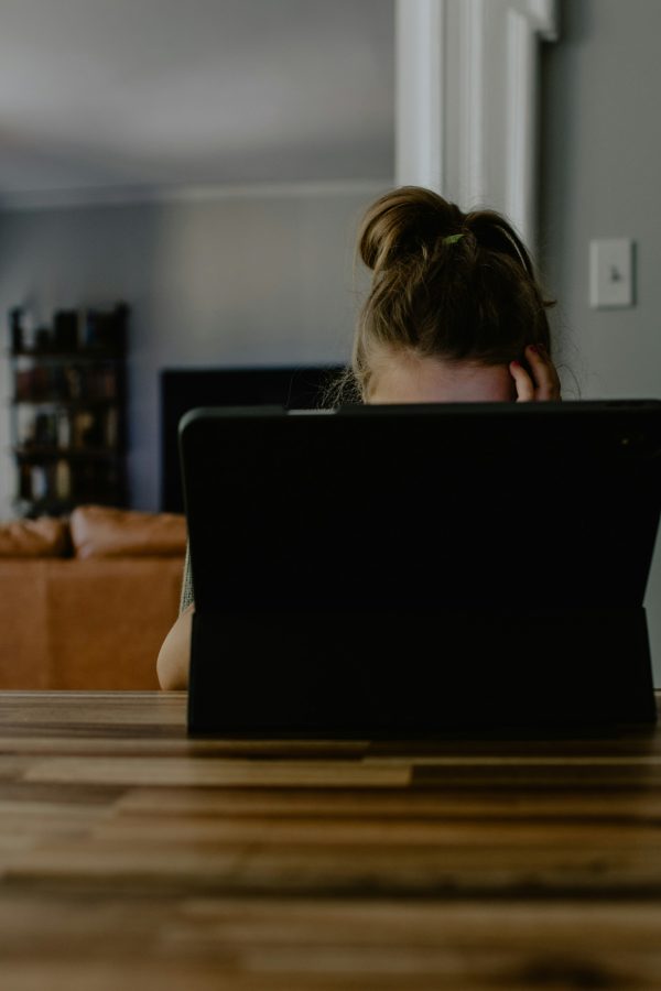 felkontyolt hajú nő laptop mögött ül, a monitor eltakarja az arcát, mögötte szoba